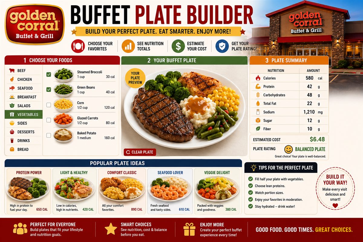 Golden Corral Buffet Plate Builder Guide Buffet Plate Builder showing food categories custom plate nutrition cost and balanced plate rating