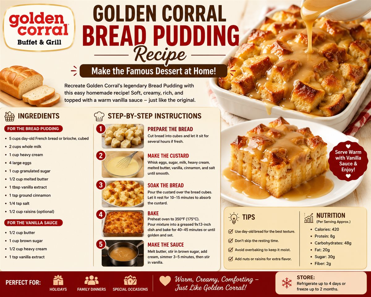 Golden Corral bread pudding recipe with vanilla sauce ingredients and step by step instructions