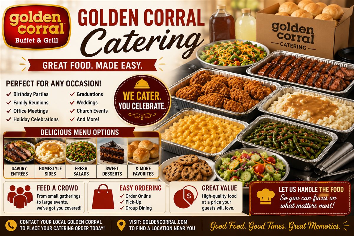 Golden Corral Catering guide with catering trays fried chicken steak sides salad desserts and event options
