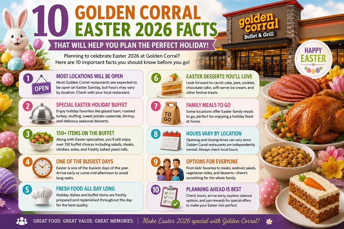 Golden Corral Easter 2026 guide infographic with buffet items holiday meals desserts and visit tips
