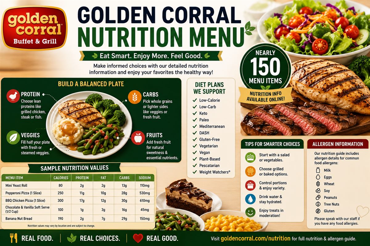 Golden Corral Nutrition Calculator guide showing a balanced plate nutrition values diet plans healthy tips and allergen information