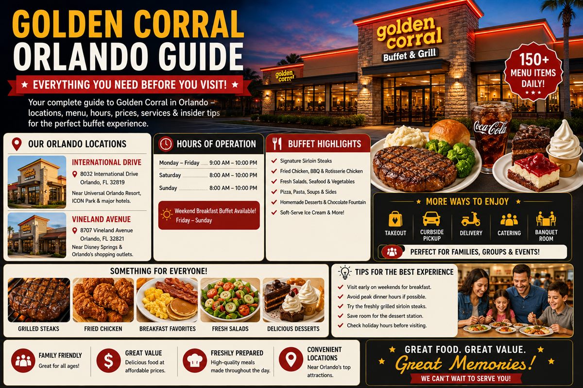 Golden Corral Orlando guide with locations hours buffet highlights takeout catering and family dining details
